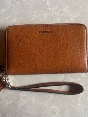 Coach Pebbled Leather Zip Double Wristlet Wallet - Saddle